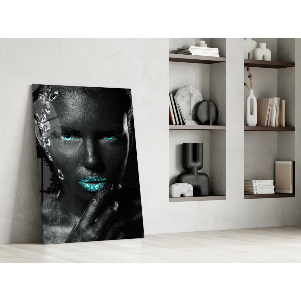 Black-and-white portrait of woman with teal eyes on turquoise gaze tempered glass art