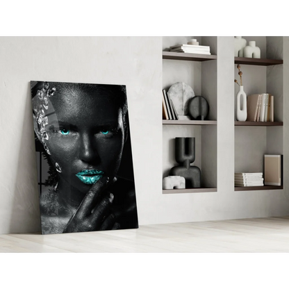 Black-and-white portrait of woman with teal eyes on turquoise gaze tempered glass art