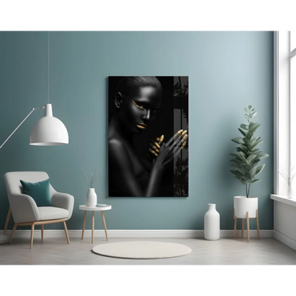 Stunning black gold woman tempered glass art portrait
