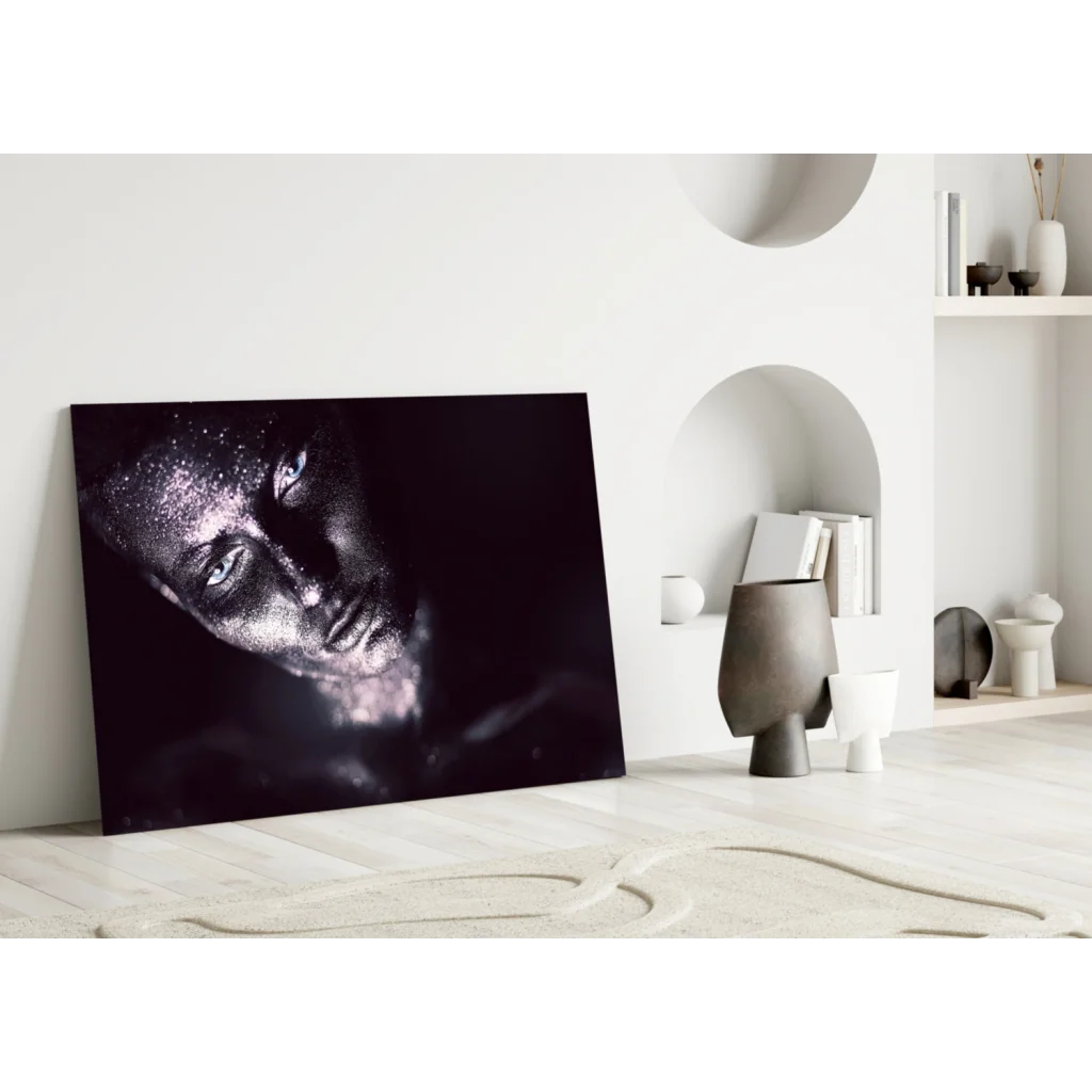 Stunning silver glitter portrait on tempered glass art