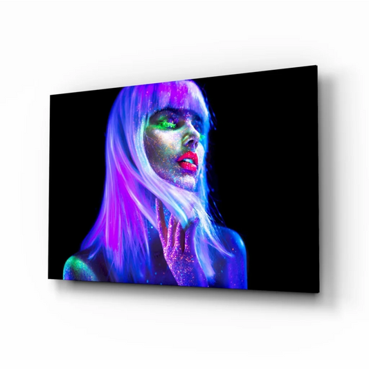 Neon glow glass wall art of purple-haired woman with green eyes and red lips