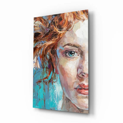 Vibrant fiery redhead glass wall art with mesmerizing blue eyes