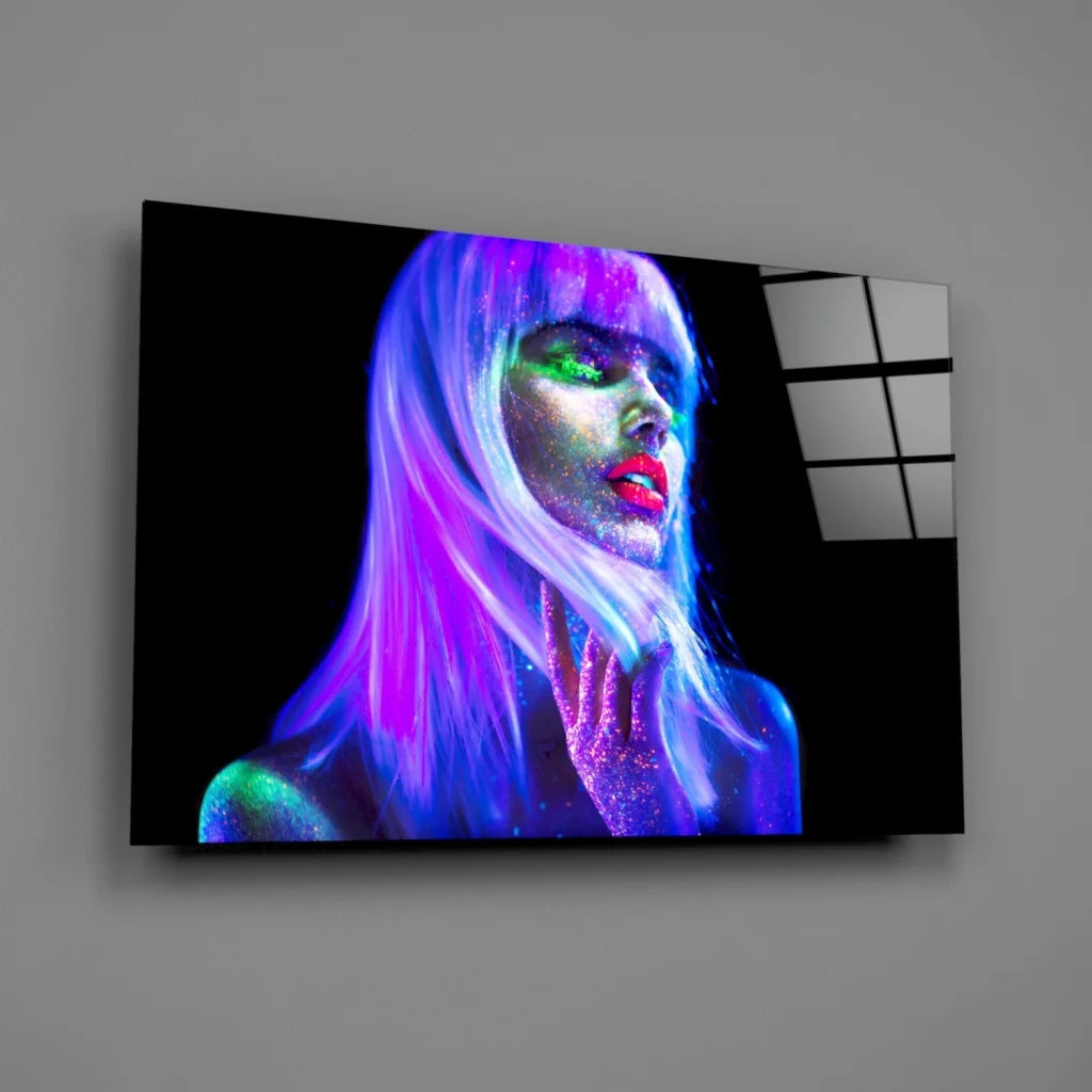 Vibrant neon glow portrait glass wall art of woman with purple hair