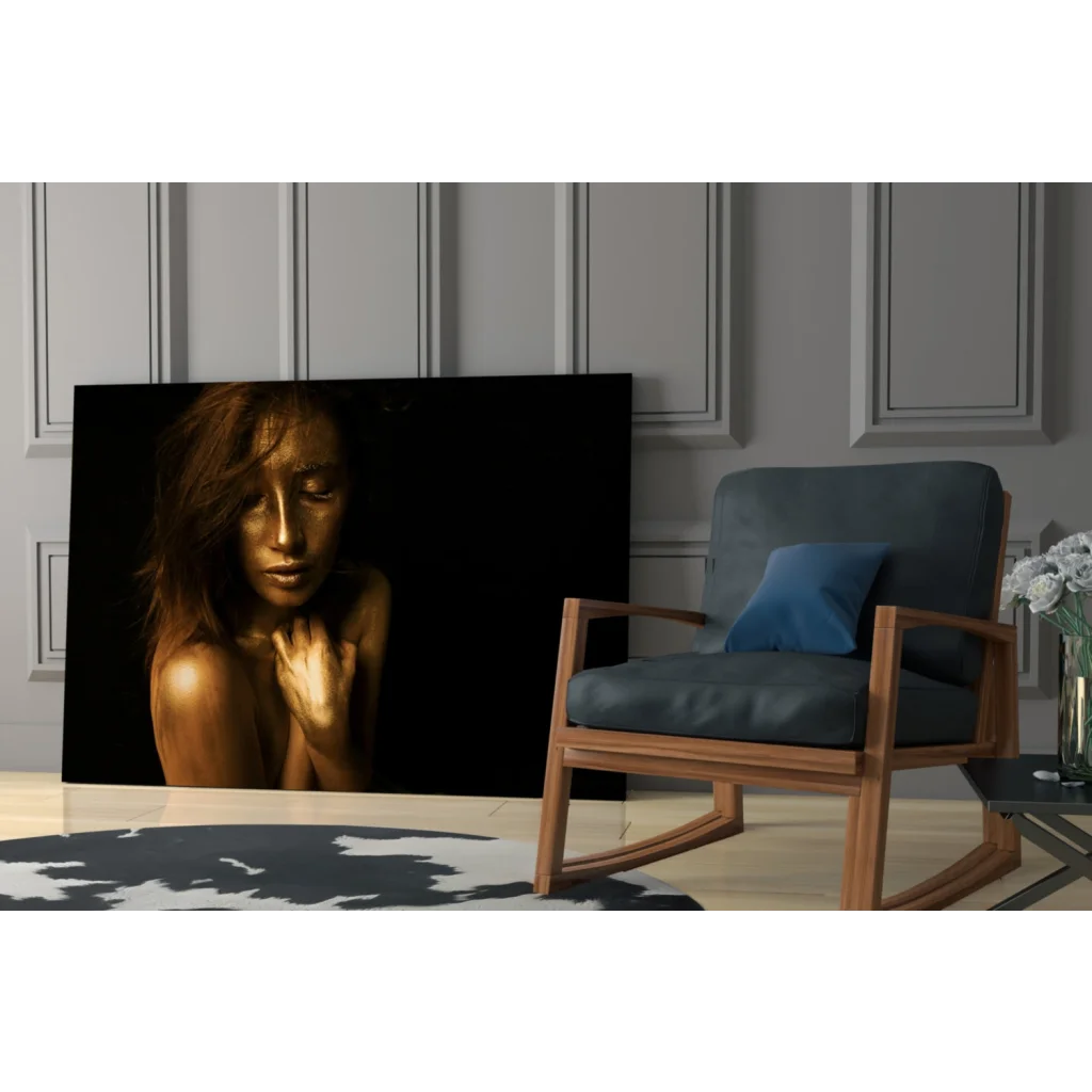 Golden Goddess woman touching face on black tempered glass art