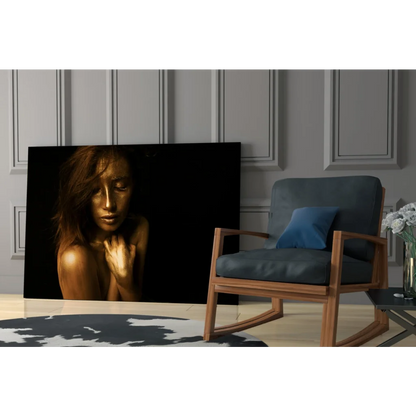 Golden Goddess woman touching face on black tempered glass art