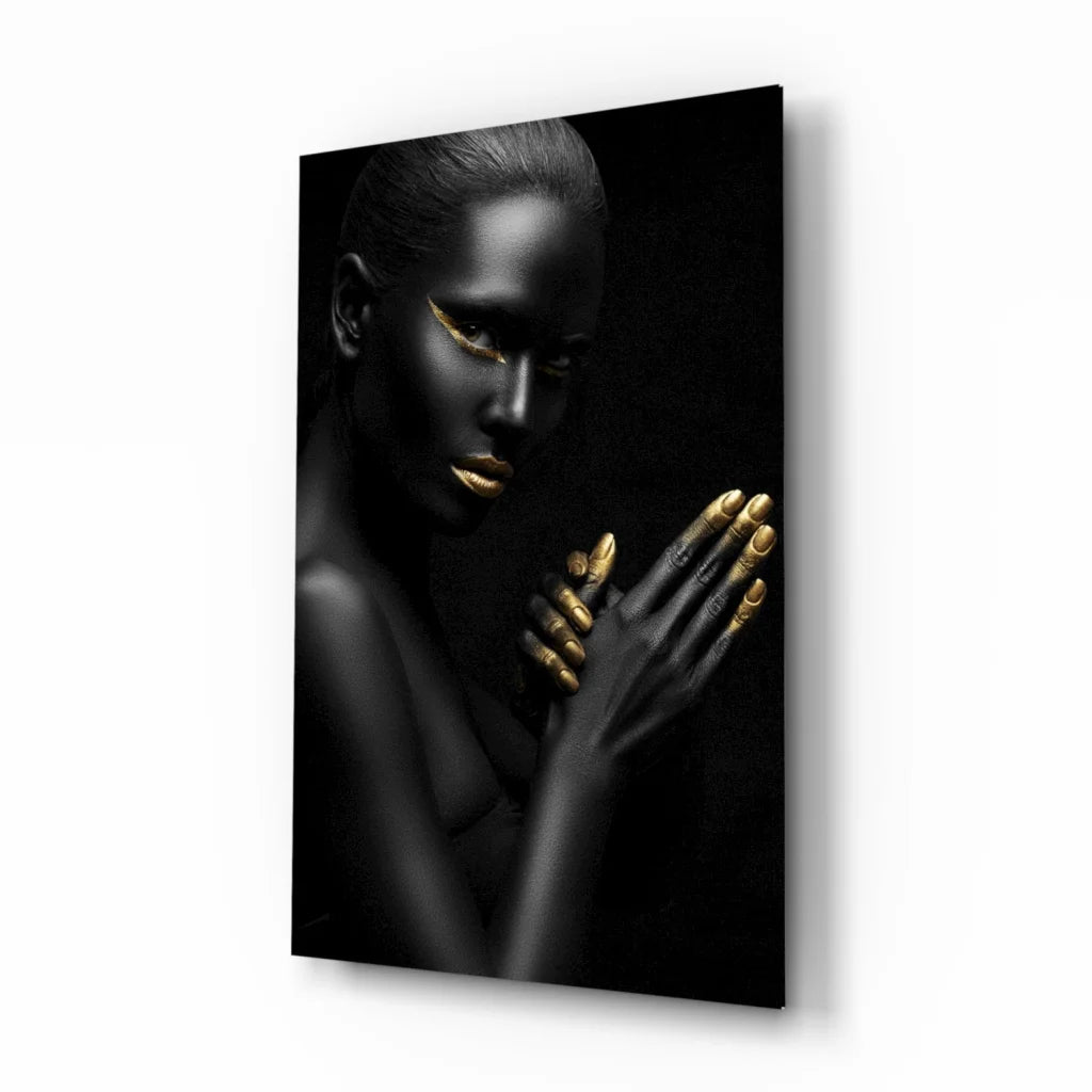 Stunning black gold woman tempered glass art portrait with gold accents