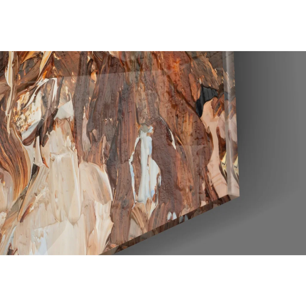 Fiery redhead glass wall art portrait with emerald eyes and earthy tones