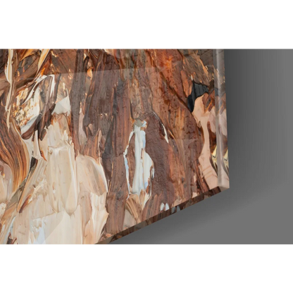 Fiery redhead glass wall art portrait with emerald eyes and earthy tones