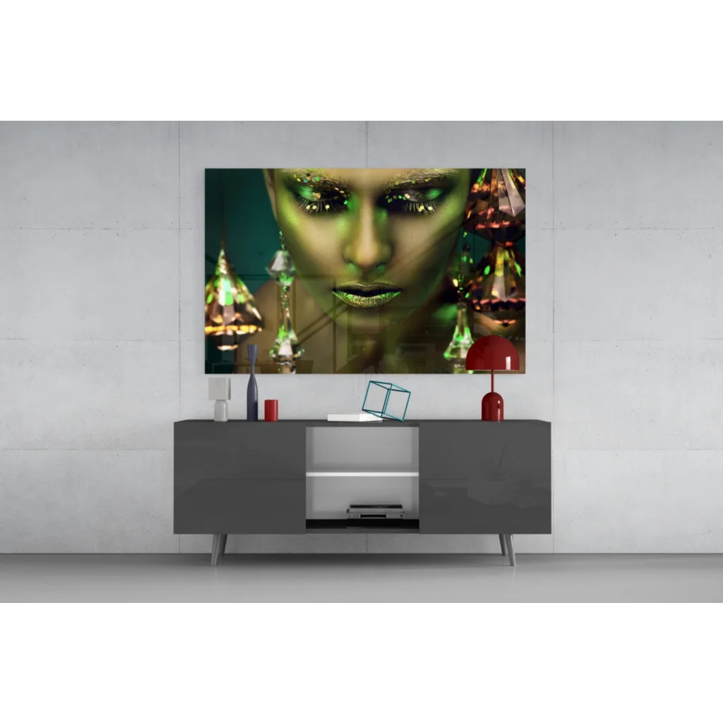 Stunning tempered glass art portrait of woman with glowing eyes