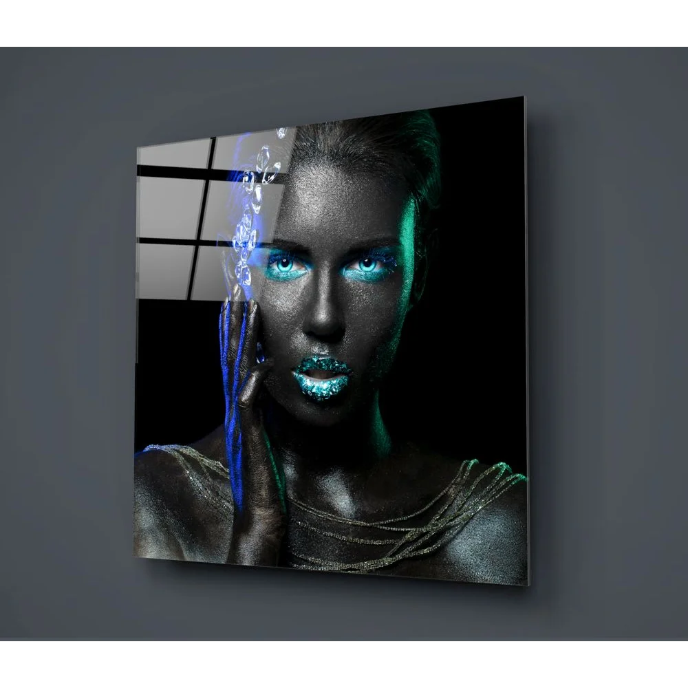 Futuristic Silver Woman Tempered Glass Art with Glowing Blue Eyes | Modern Wall Art Decor | vintageantiquesgifts.com