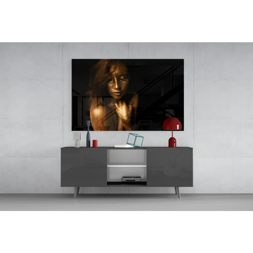 Golden Goddess tempered glass art print of striking black-and-gold woman portrait