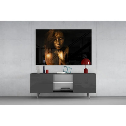 Golden Goddess tempered glass art print of striking black-and-gold woman portrait