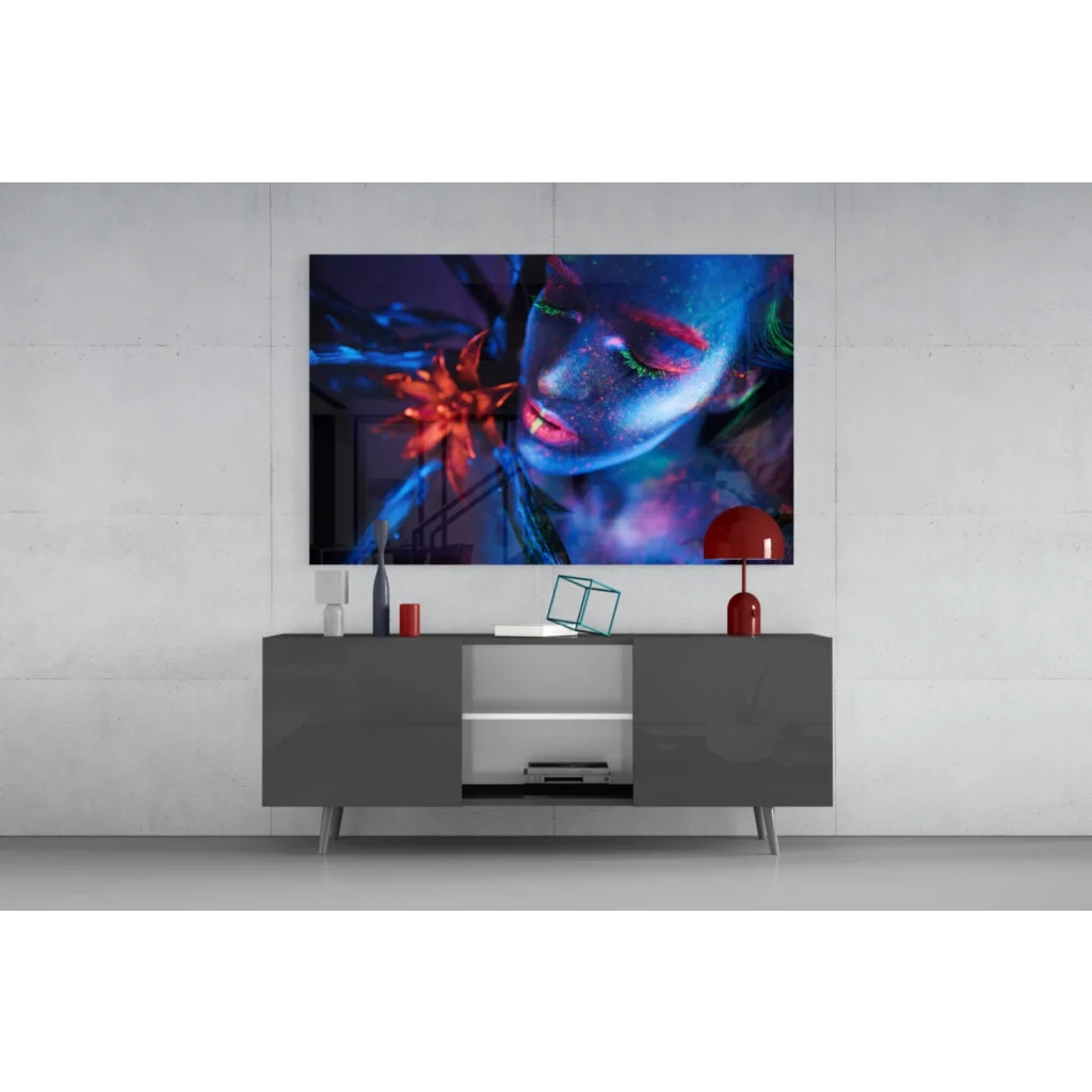 Vibrant neon glow portrait wall art canvas of woman with blue pink makeup floral accent