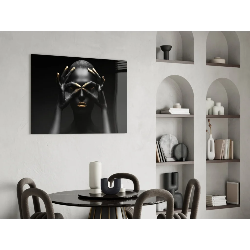 Black and gold woman portrait on Golden Mystique Tempered Glass Art wall display