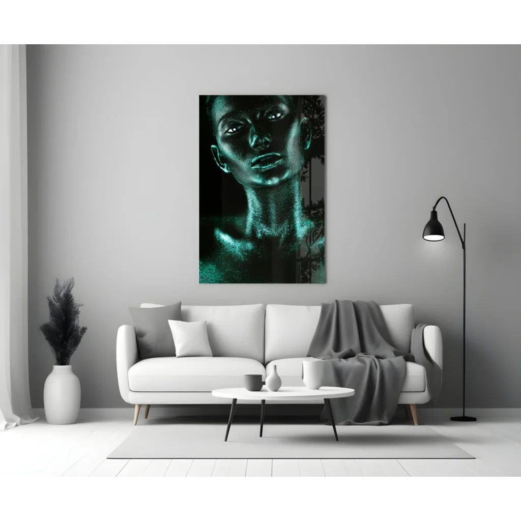 Stunning Teal Glitter Portrait Tempered Glass Art | Modern Wall Art Decor | vintageantiquesgifts.com