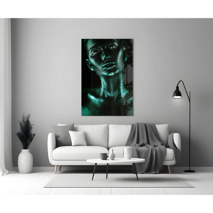 Stunning Teal Glitter Portrait Tempered Glass Art | Modern Wall Art Decor | vintageantiquesgifts.com