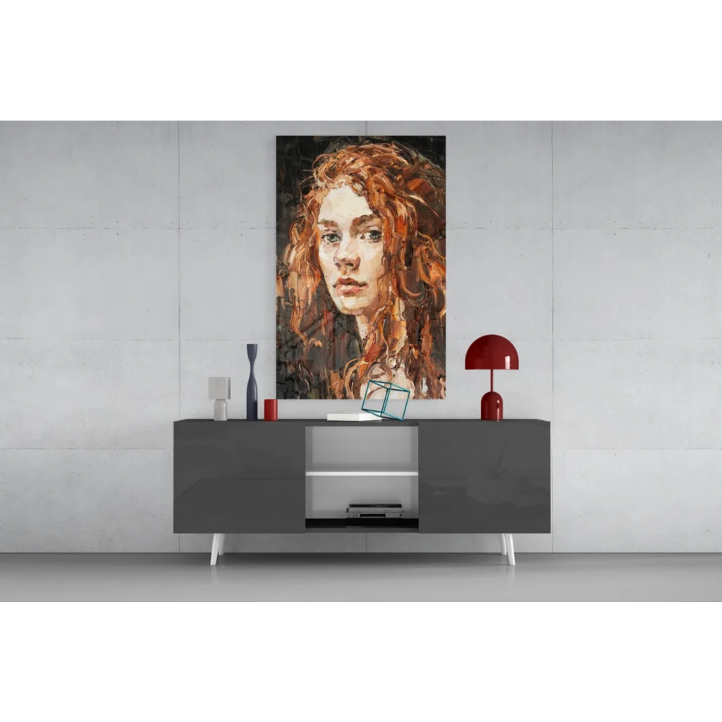 Vibrant fiery redhead glass wall art portrait with emerald eyes