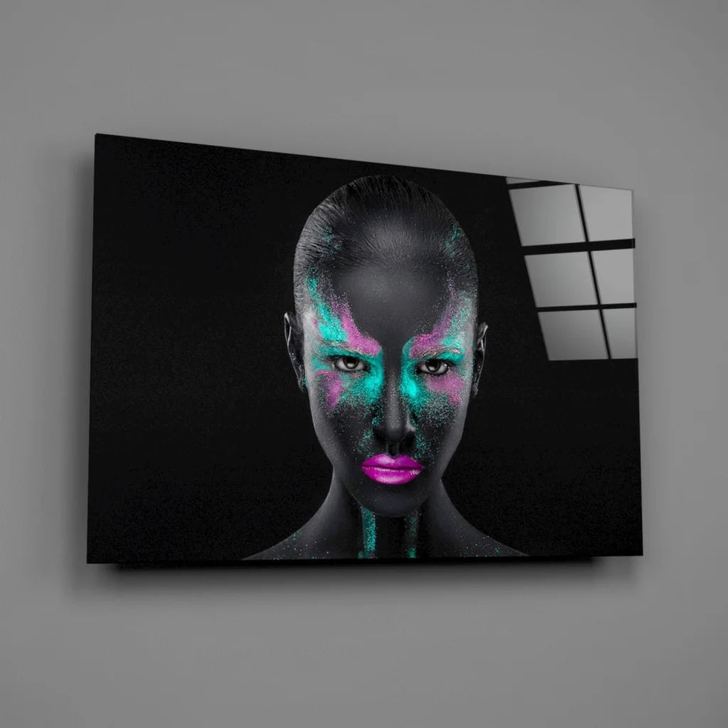 Glowing neon beauty woman on tempered glass art print
