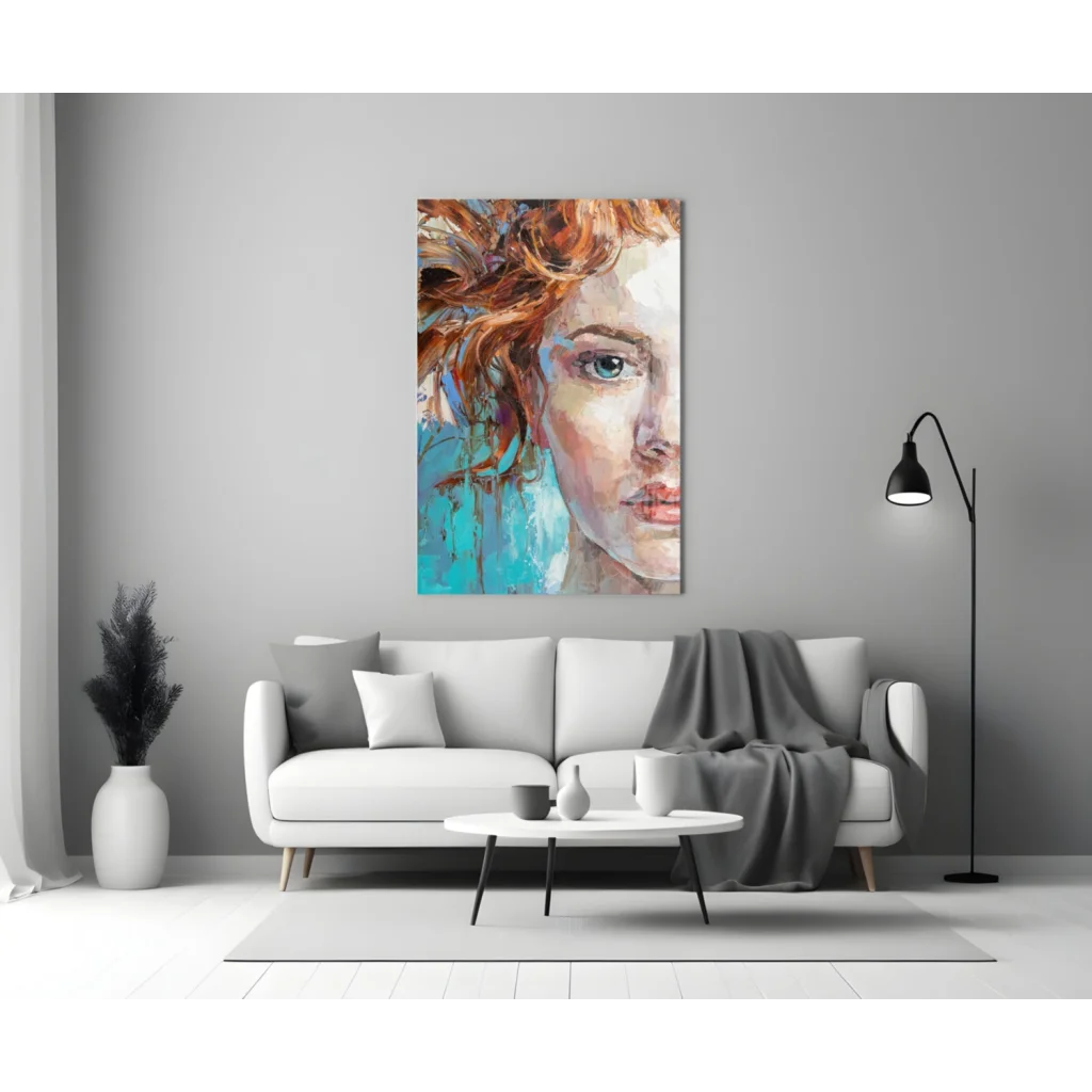 Vibrant fiery redhead glass wall art with mesmerizing blue eyes