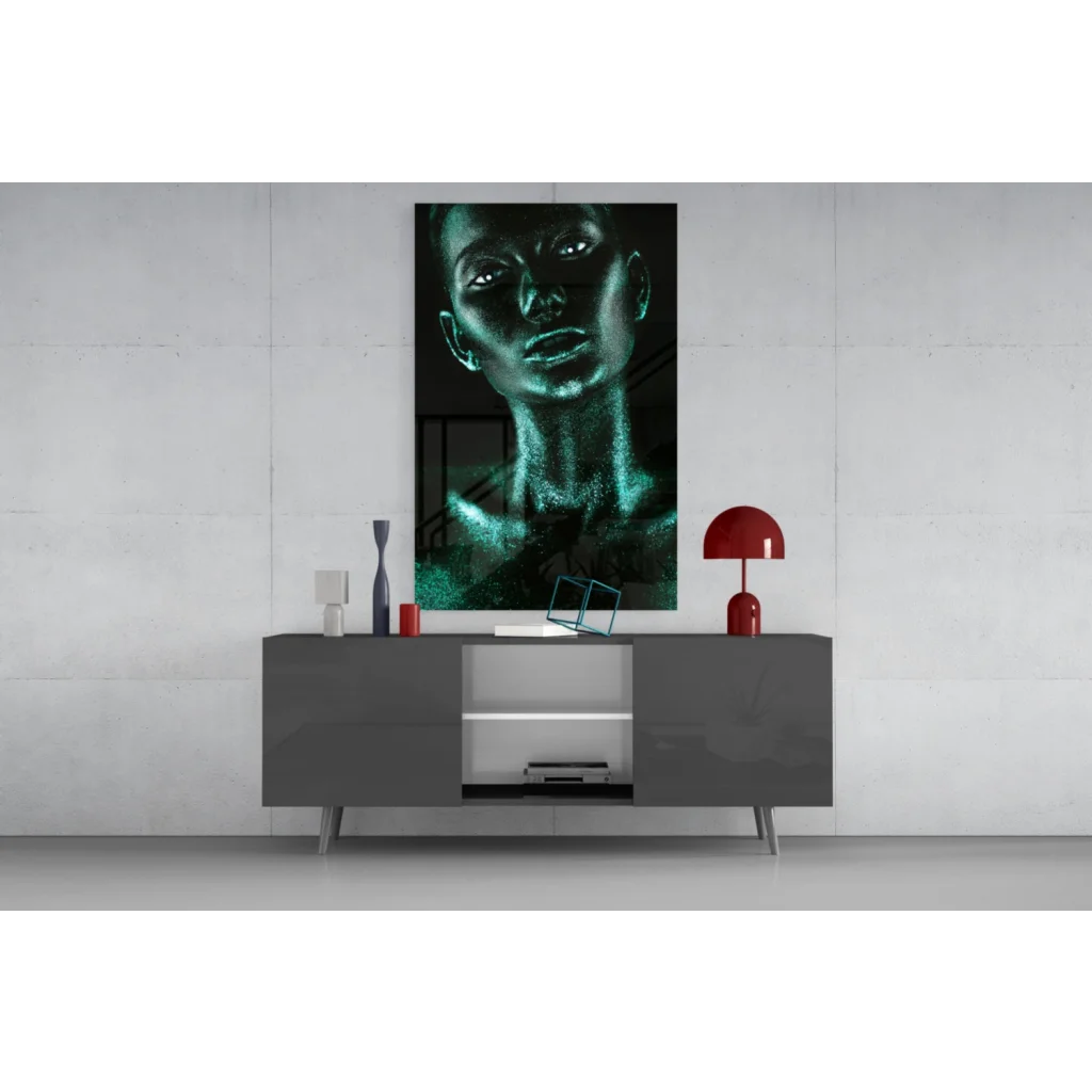 Stunning teal glitter portrait tempered glass art with glowing face