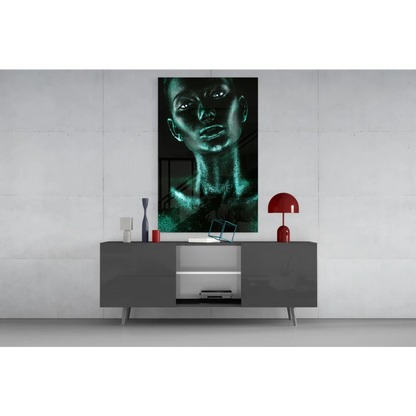 Stunning teal glitter portrait tempered glass art with glowing face