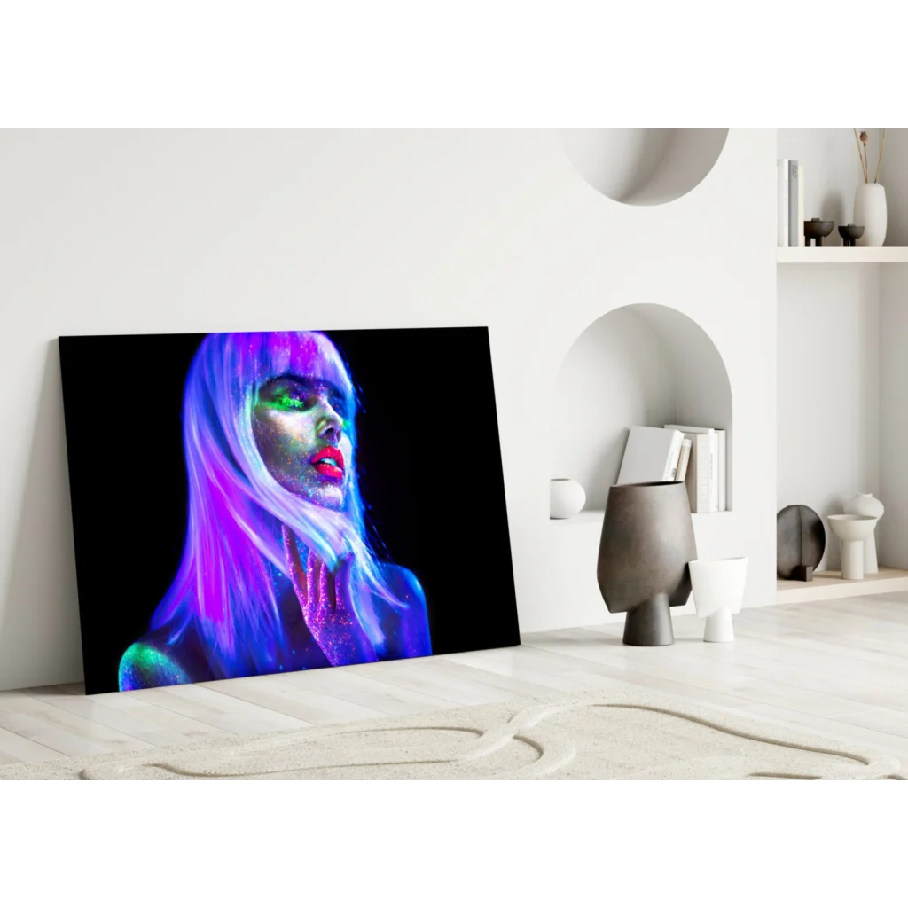 Vibrant neon glow portrait glass wall art with purple hair woman