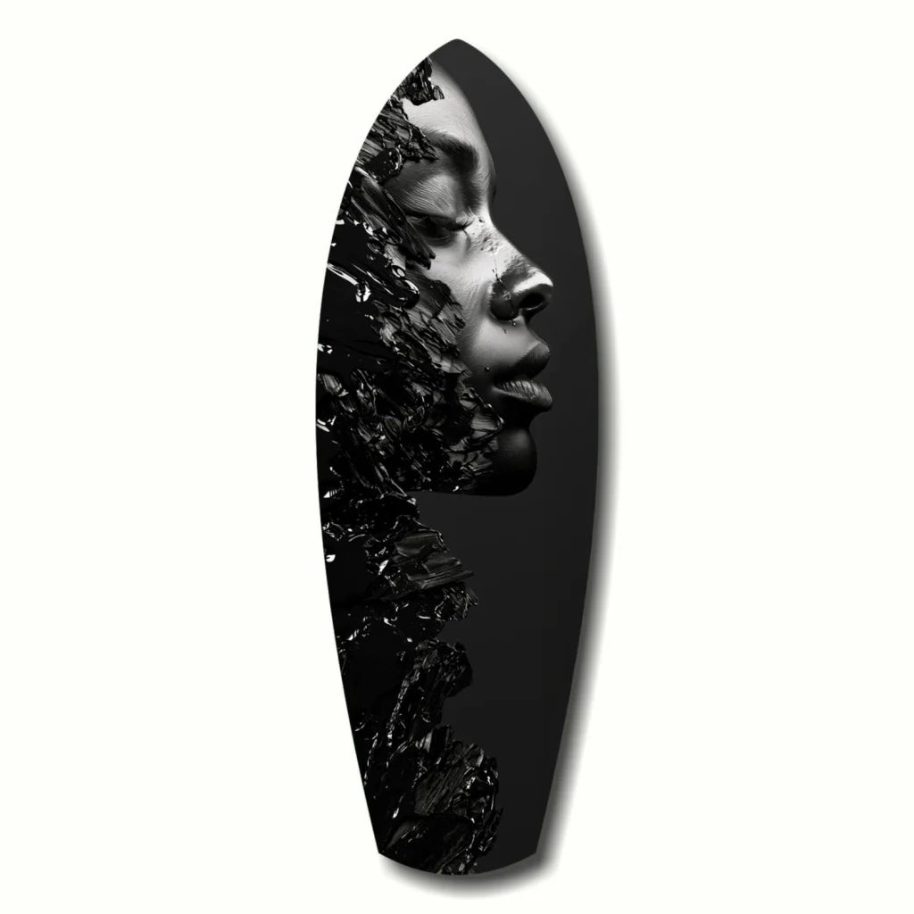 Stunning tempered glass art portrait of monochrome woman face with fragmented glossy textures on black surfboard shape