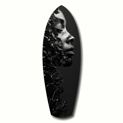 Stunning tempered glass art portrait of monochrome woman face with fragmented glossy textures on black surfboard shape