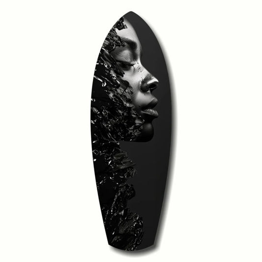 Stunning tempered glass art portrait of monochrome woman face with fragmented glossy textures on black surfboard shape