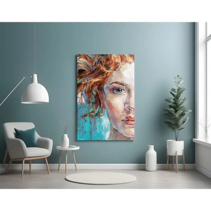 Vibrant fiery redhead glass wall art with mesmerizing blue eyes