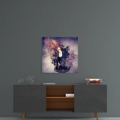 Abstract purple orange glass wall art with guitar woman splatter design