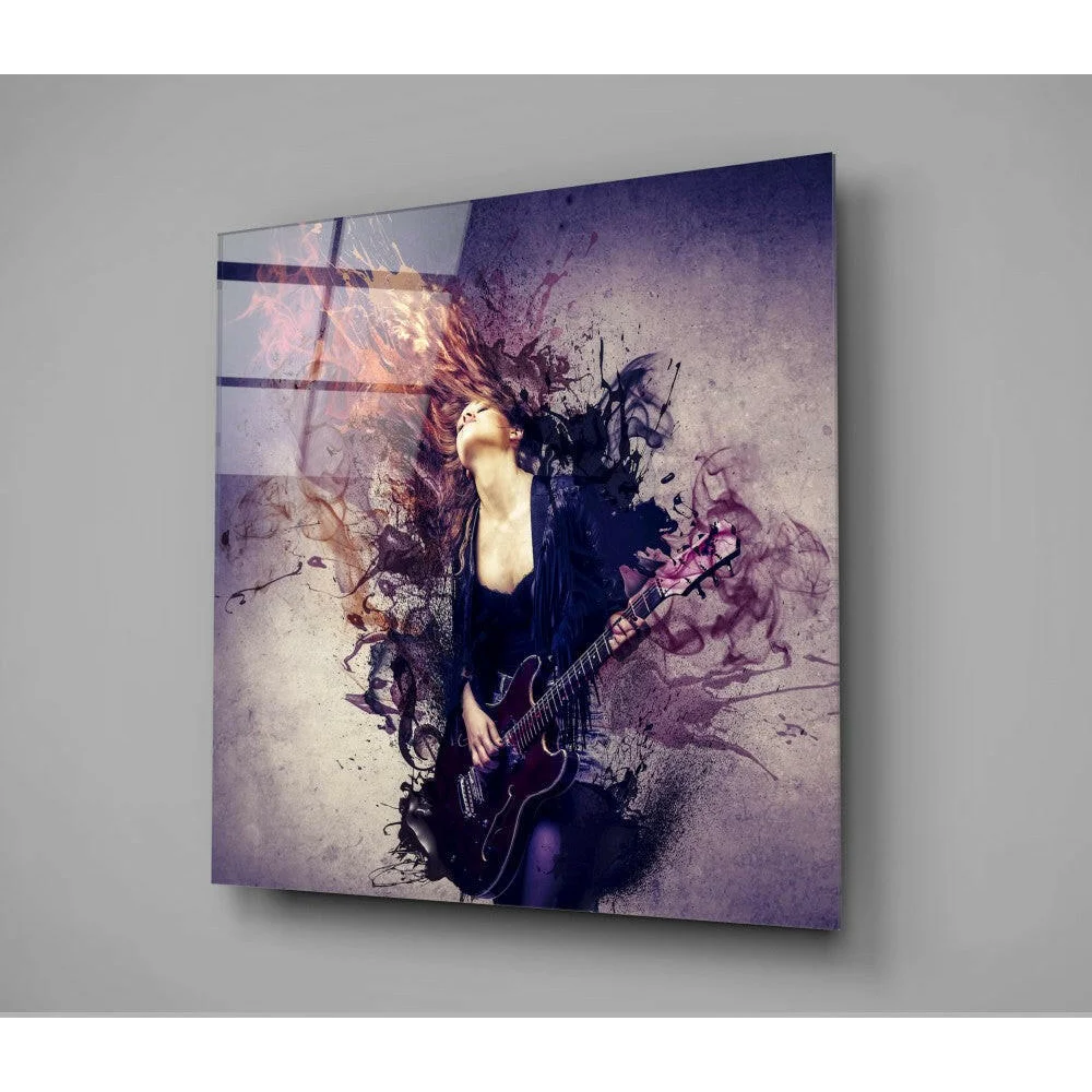 Stylized purple guitar woman glass wall art with splatter design