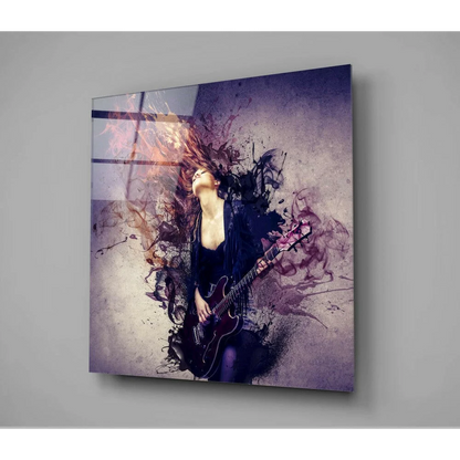 Stylized purple guitar woman glass wall art with splatter design