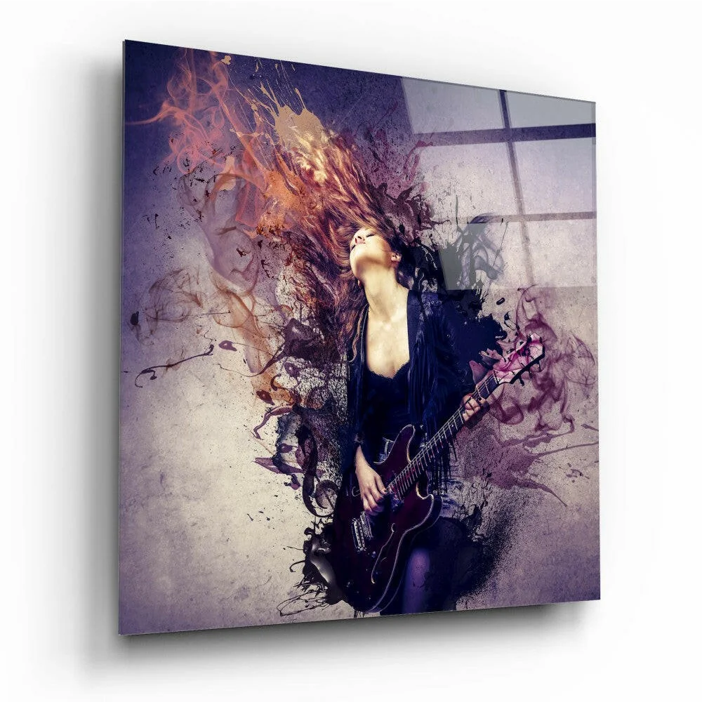 Purple guitar woman glass wall art with textured splatter design
