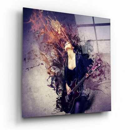 Purple guitar woman glass wall art with textured splatter design