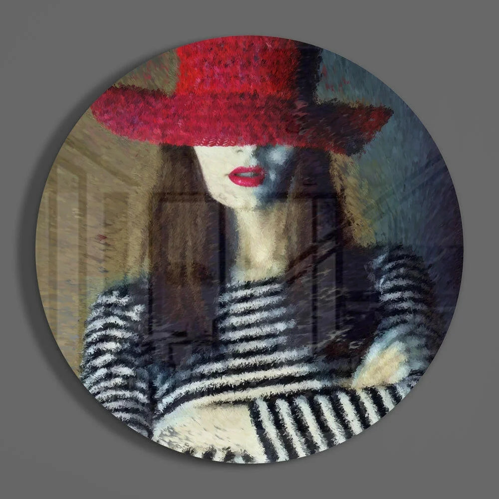 Bold Red Hat Woman Tempered Glass Art Circle | Modern Wall Art Decor | vintageantiquesgifts.com