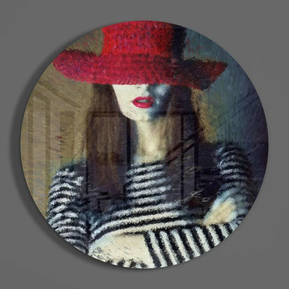 Bold Red Hat Woman Tempered Glass Art Circle | Modern Wall Art Decor | vintageantiquesgifts.com