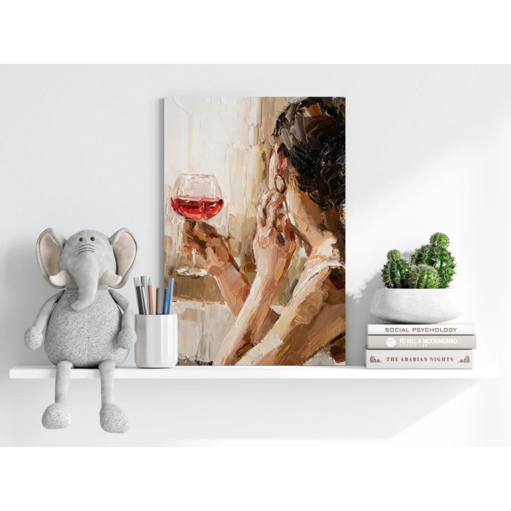 Insigne aluminum print of woman with dark hair holding red wine in warm tones