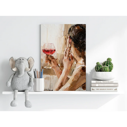 Insigne aluminum print of woman with dark hair holding red wine in warm tones