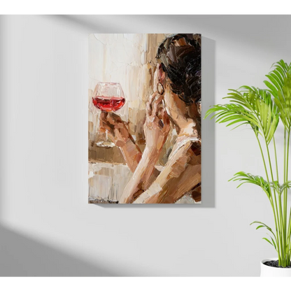 Insigne aluminum print of woman with red wine in warm impressionist tones
