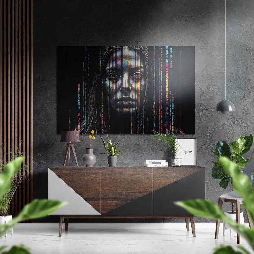 Vibrant rainbow face on black canvas, brushed aluminium dibond print