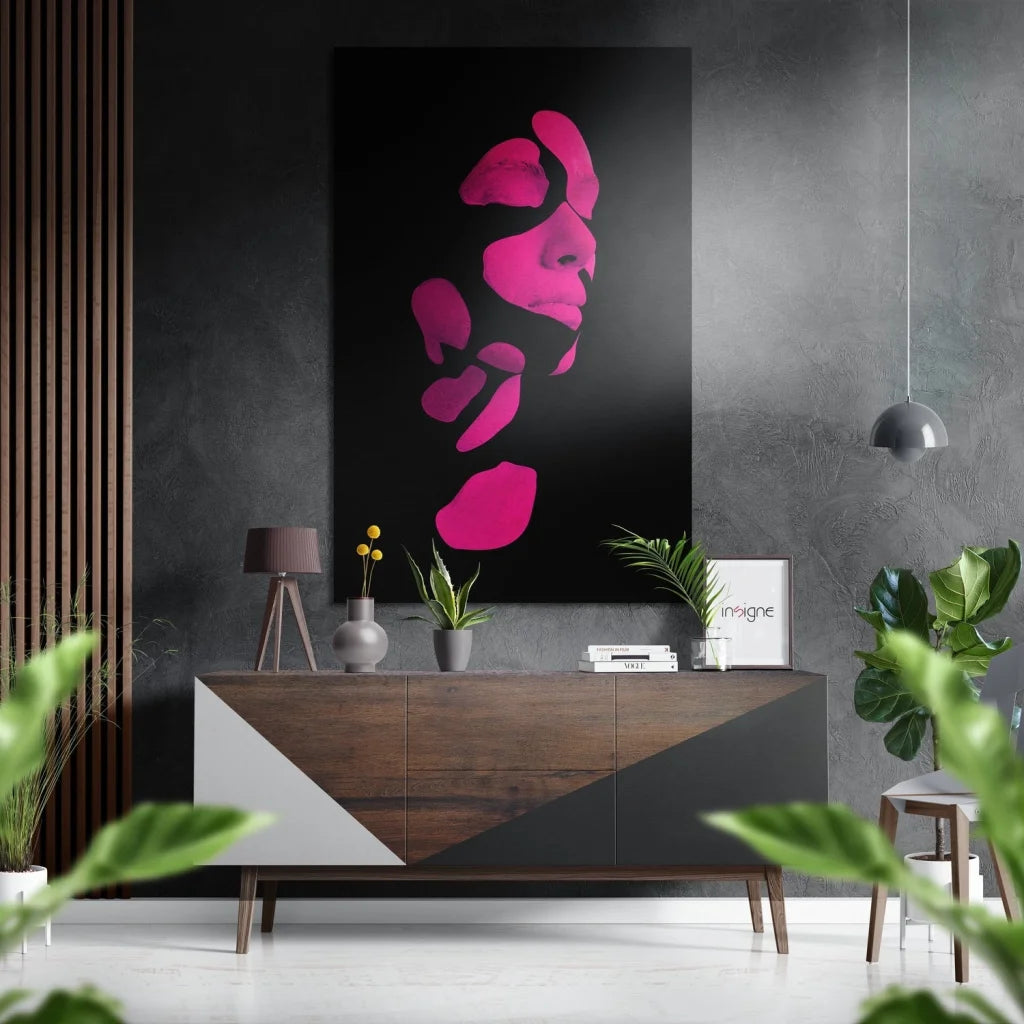 Vibrant pink abstract portrait on brushed aluminium dibond black canvas wall art