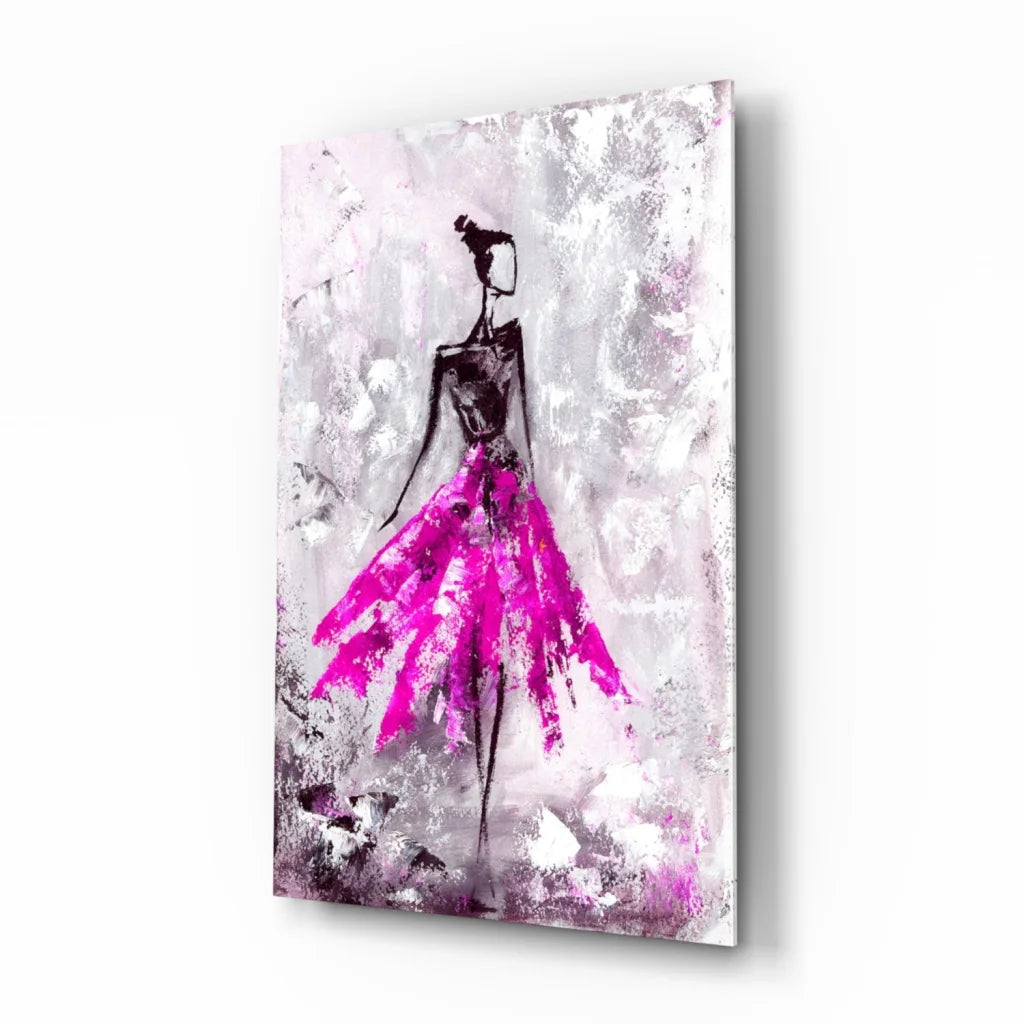 Vibrant pink abstract ballerina glass wall art on textured canvas