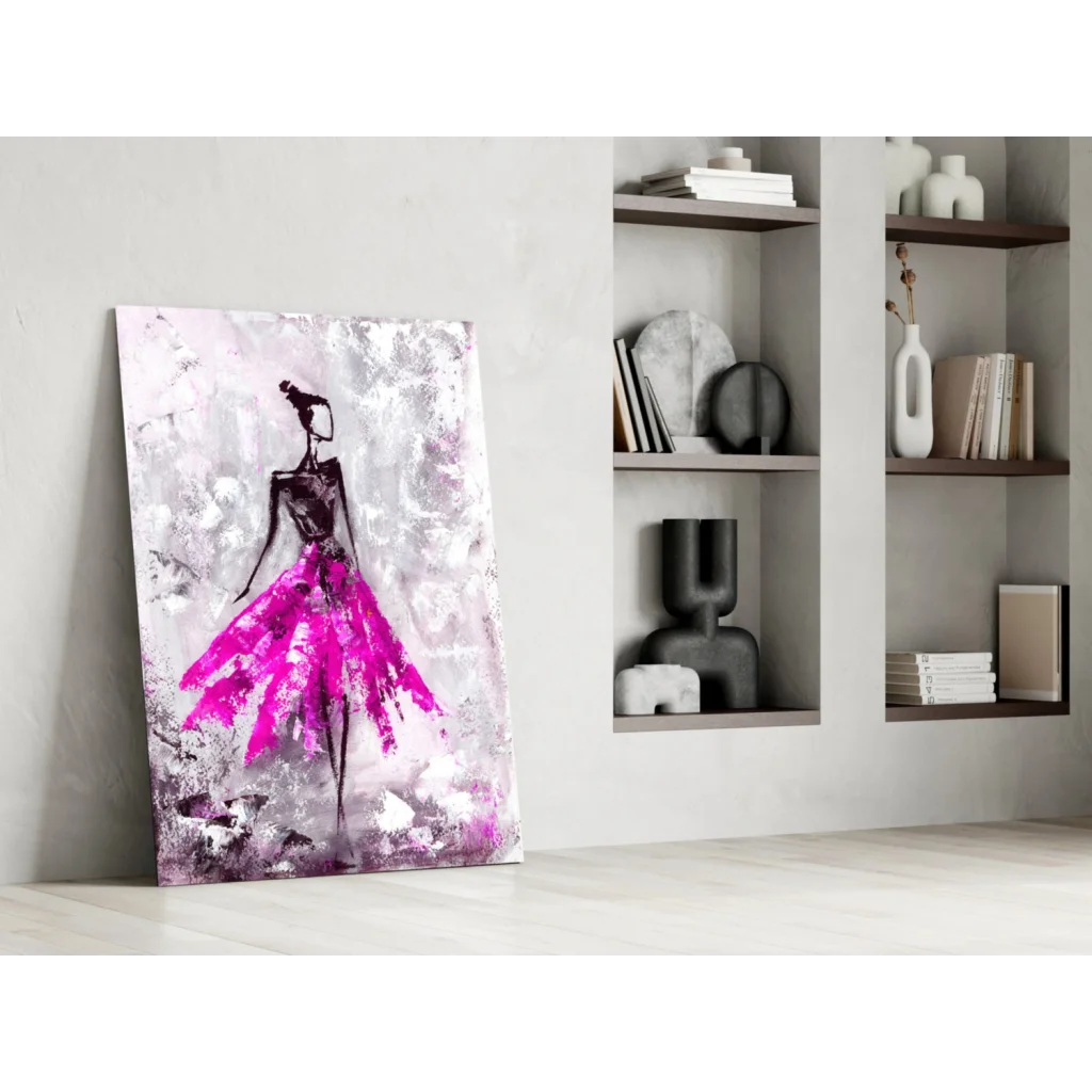 Vibrant pink and black abstract ballerina glass wall art on canvas against white wall