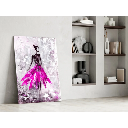 Vibrant pink and black abstract ballerina glass wall art on canvas against white wall