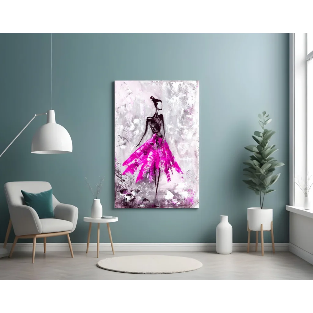 Vibrant pink and black glass wall art of ballerina in motion