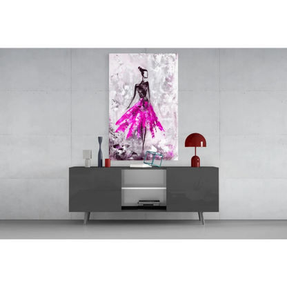 Vibrant pink and black glass wall art of ballerina in motion on gray table