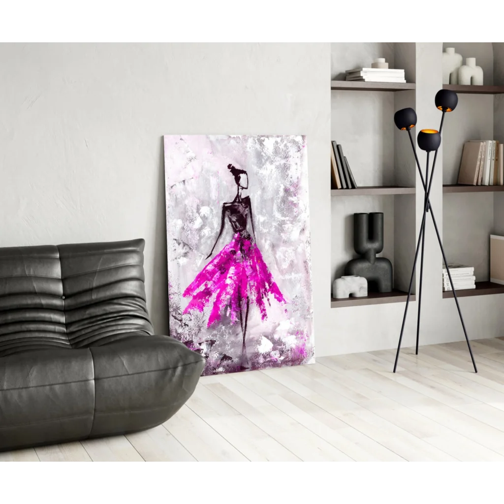 Stylized ballerina in magenta skirt on vibrant glass wall art