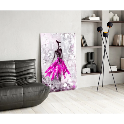 Stylized ballerina in magenta skirt on vibrant glass wall art