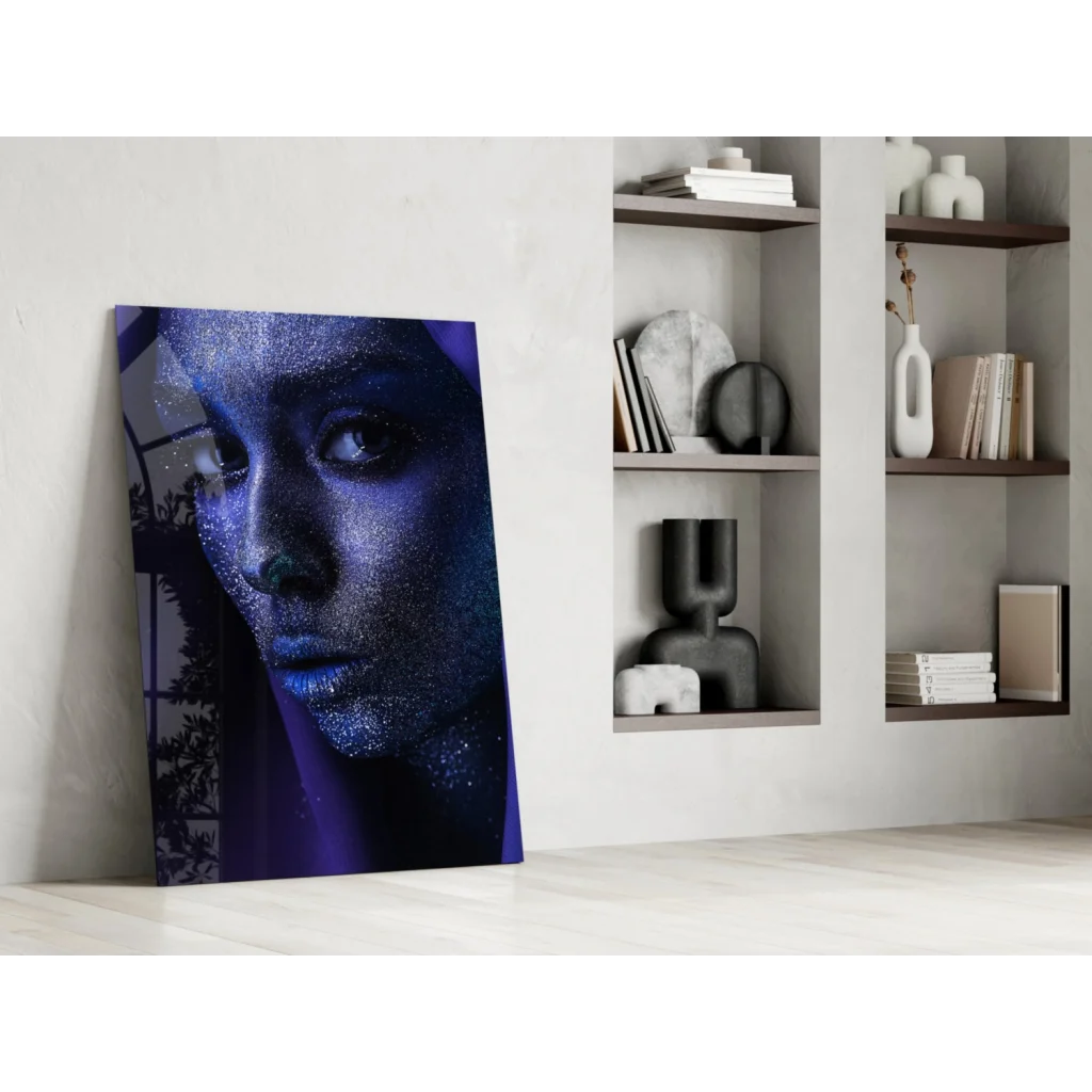 Striking glittery blue purple portrait wall art canvas print on white wall